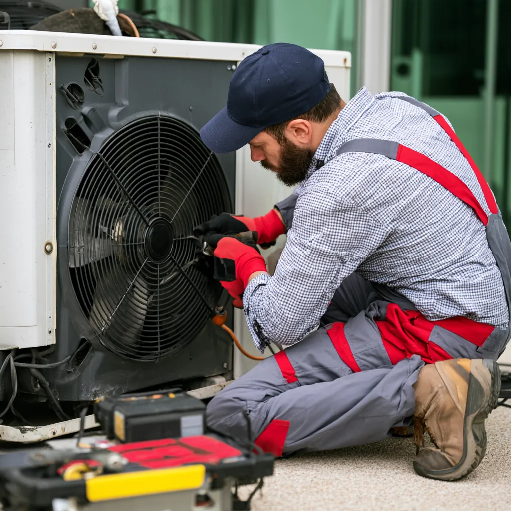 HVAC technician in a navy cap and red gloves working on an outdoor condenser fan