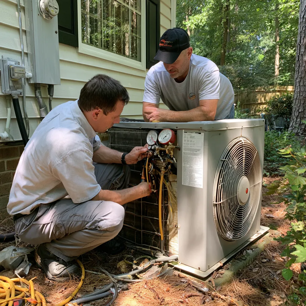 Two technicians connecting refrigerant gauges to an outdoor condenser unit