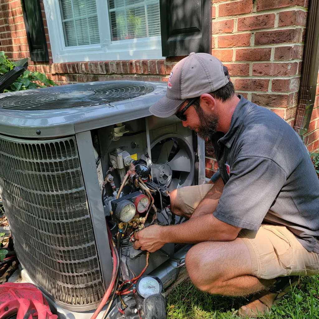 Technician reading manifold gauges on an outdoor air conditioner beside a brick home