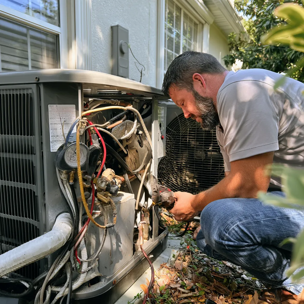 Technician inspecting the wiring and components inside an open outdoor AC unit