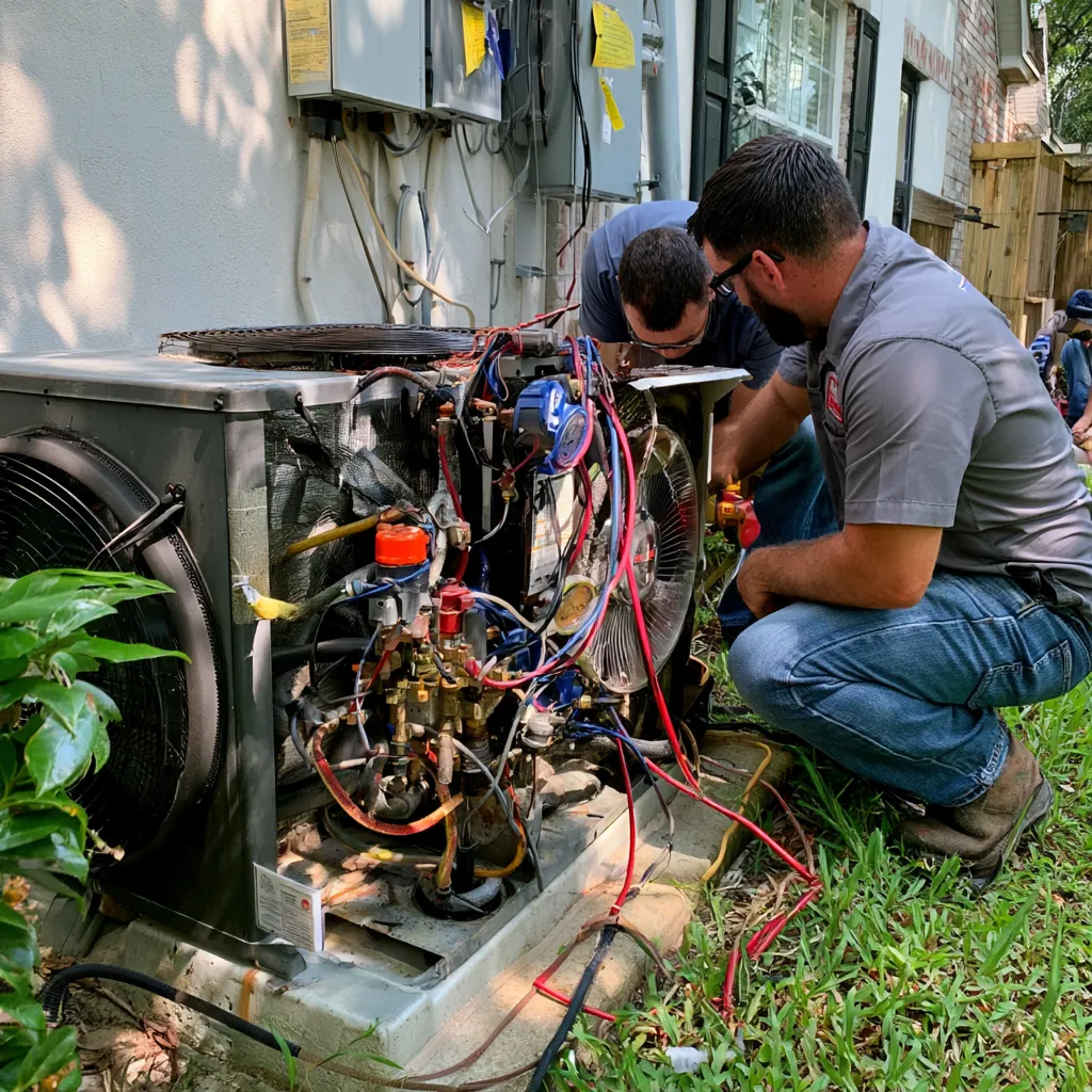 Two technicians working on the wiring and components of an open outdoor unit