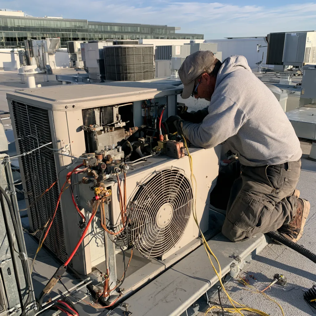 Technician working inside an open rooftop packaged HVAC unit