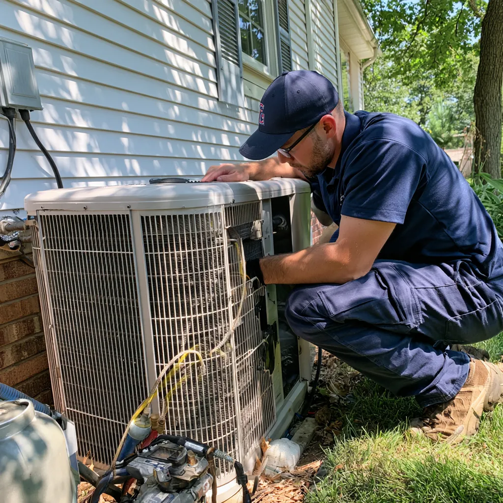 Technician in a navy uniform inspecting the coil of an outdoor condenser