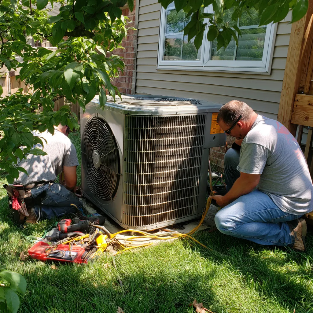 Two technicians servicing an outdoor condenser unit in a sunny backyard