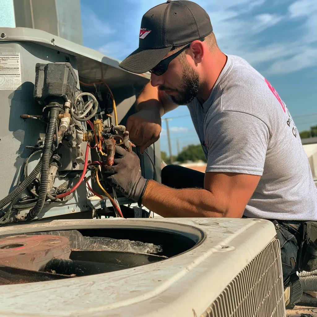 Technician in a cap and sunglasses working on control wiring inside an HVAC unit